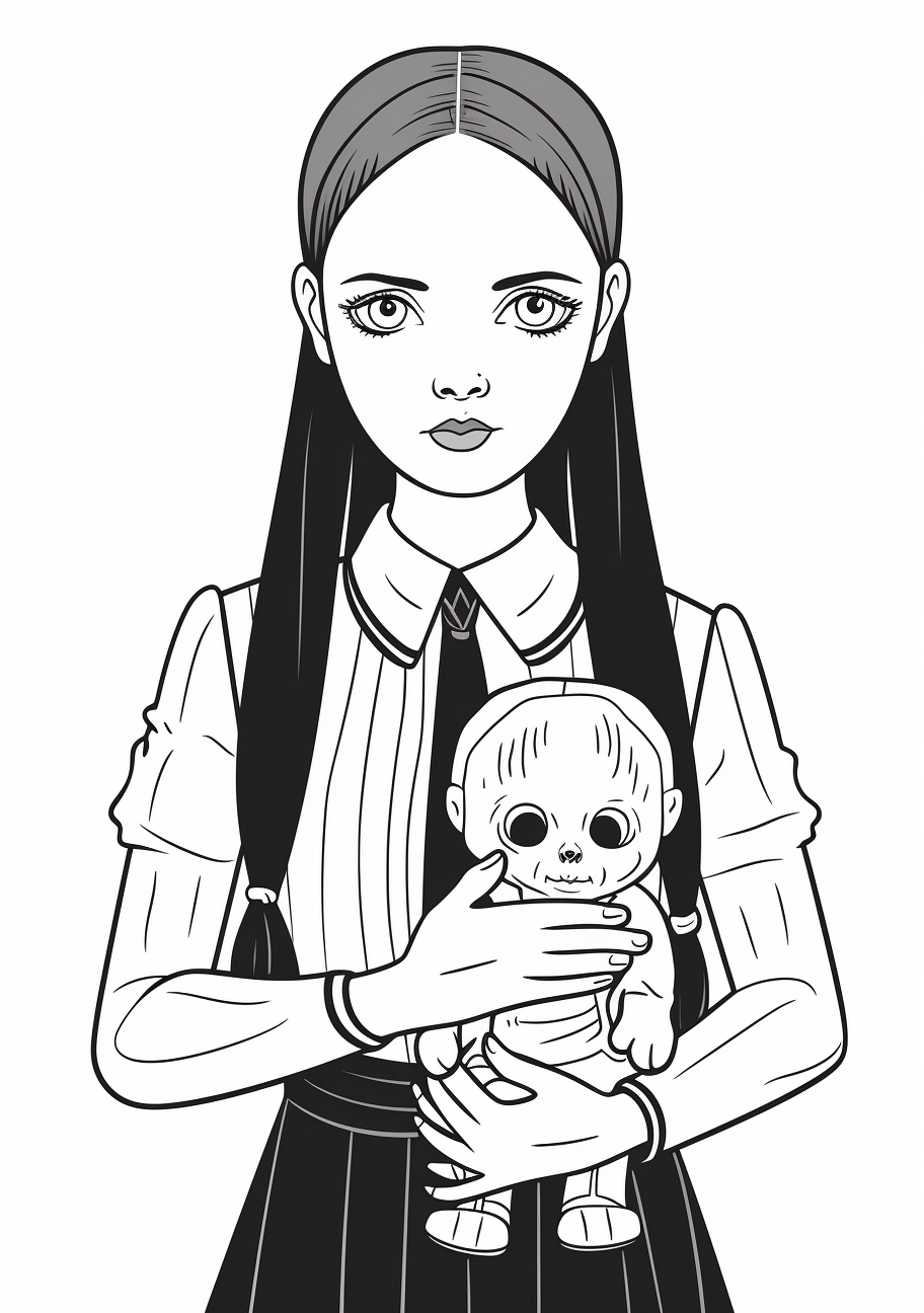 Wednesday Addams holding a doll; emphasis on facial expression and the small details of the doll. printable coloring page, black and white, free download