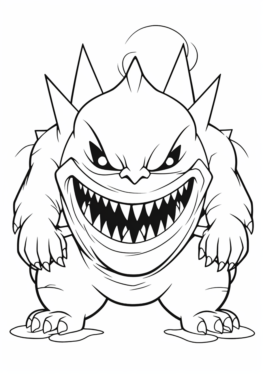 Artwork of Mega Gengar, detailed with sharp teeth and terrifying aura. printable coloring page, black and white, free download