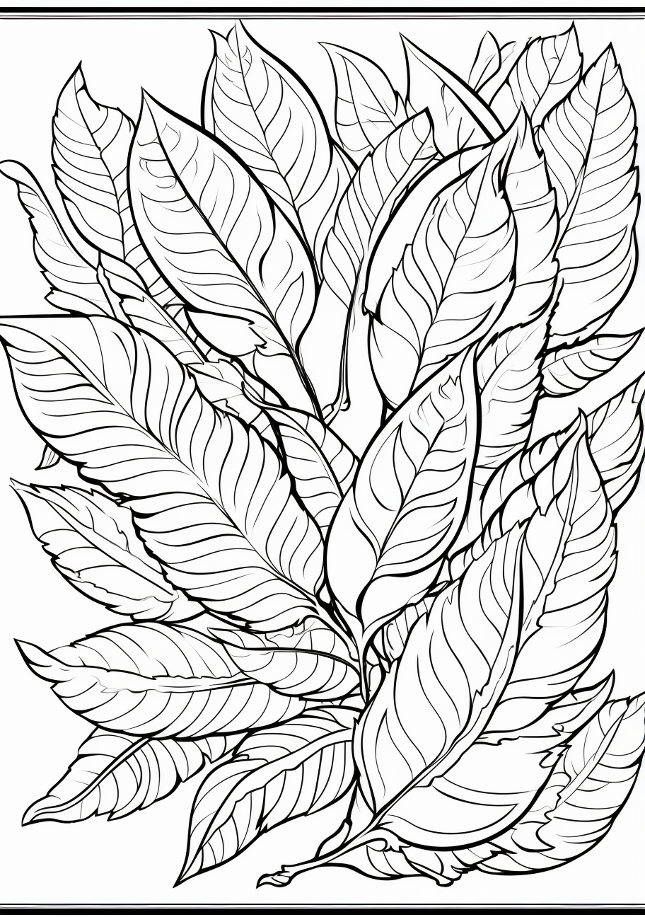 An amalgamation of various fall leaves with distinct detailing, emphasizing their vein patterns. printable coloring page, black and white, free download