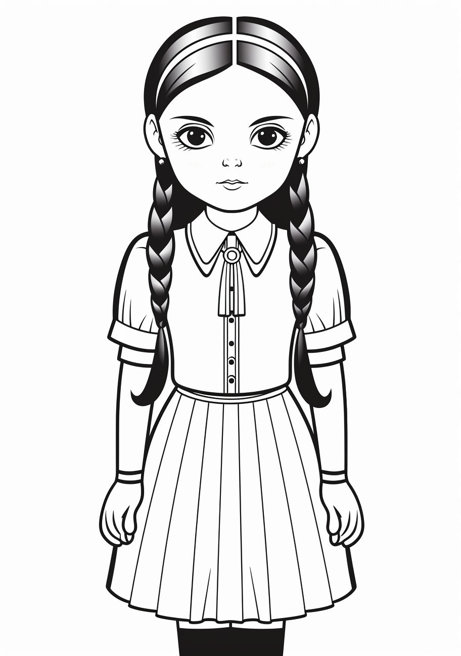 A full-body image of Wednesday Addams in her signature pose; intricate details on the dress. printable coloring page, black and white, free download