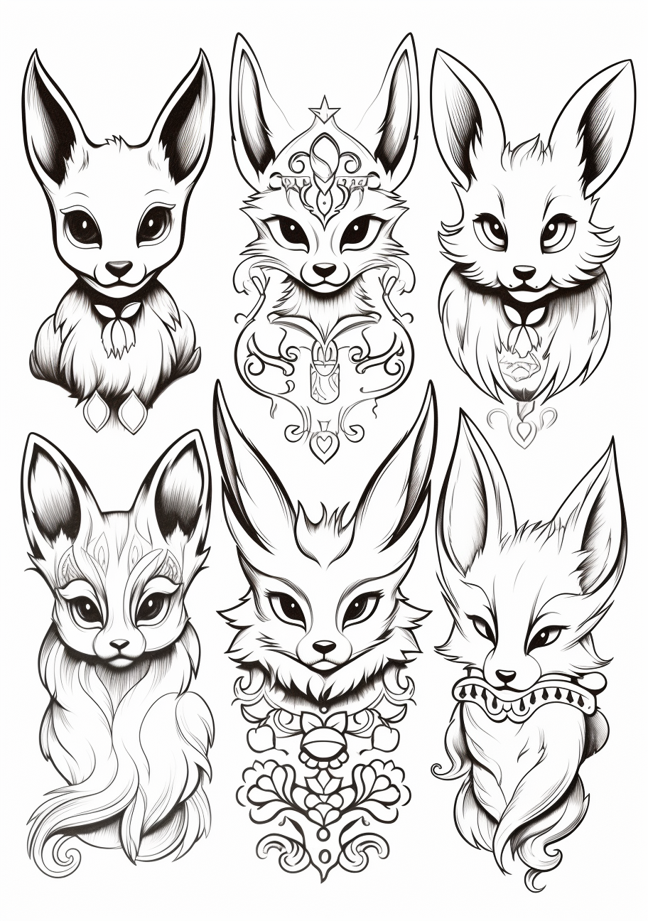 Detailed portrayal of Eevee Evolutions; each evolution represented with precision and extra detailing. printable coloring page, black and white, free download