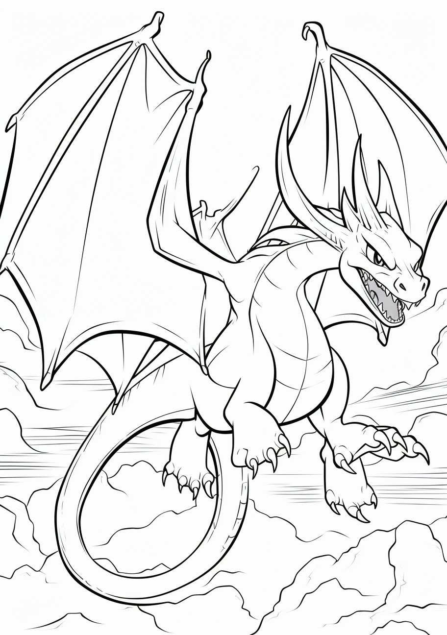 Charizard in the sky, sketched with dynamic lines indicating flight printable coloring page, black and white, free download