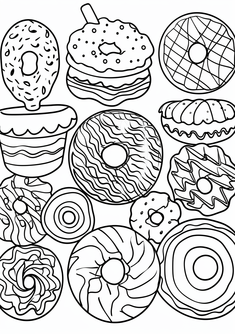 Donuts of different sizes and designs; playful patterns and bold outlines.printable coloring page, black and white, free download