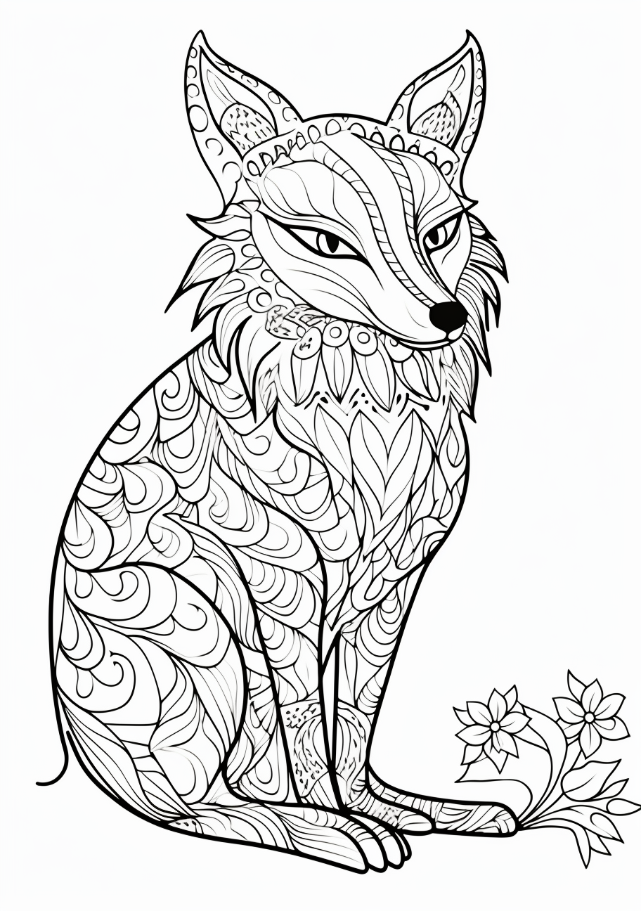 Intricate fox design featuring elegant patterns; bold lines and clean shapes.printable coloring page, black and white, free download