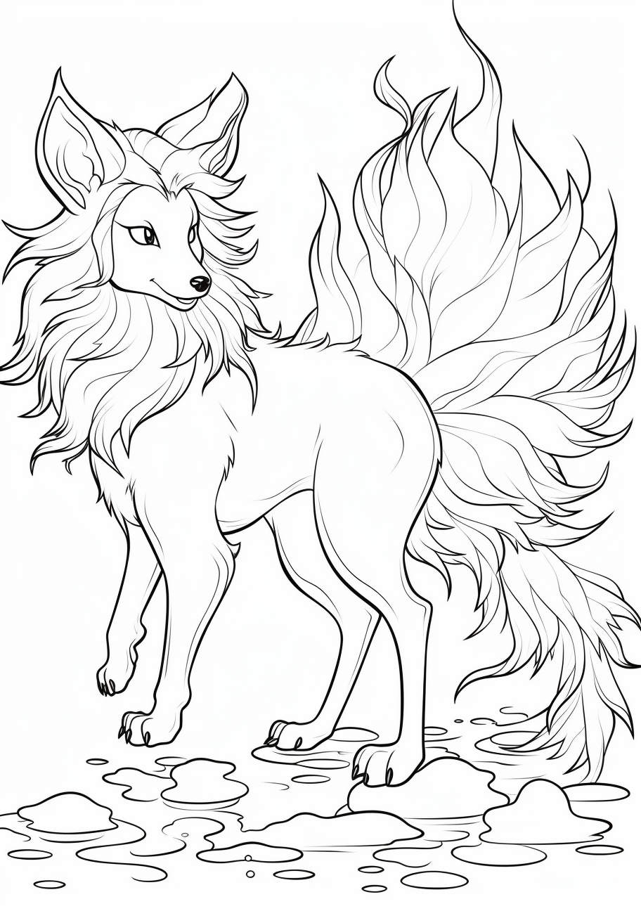 Highlighted Flareon with blazing mane and tail. printable coloring page, black and white, free download