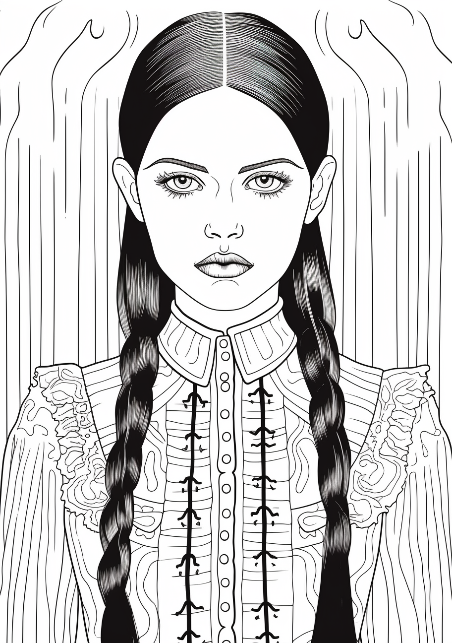 Wednesday Addams portrayed in a gothic style, with dark, intricate lines and patterns. printable coloring page, black and white, free download