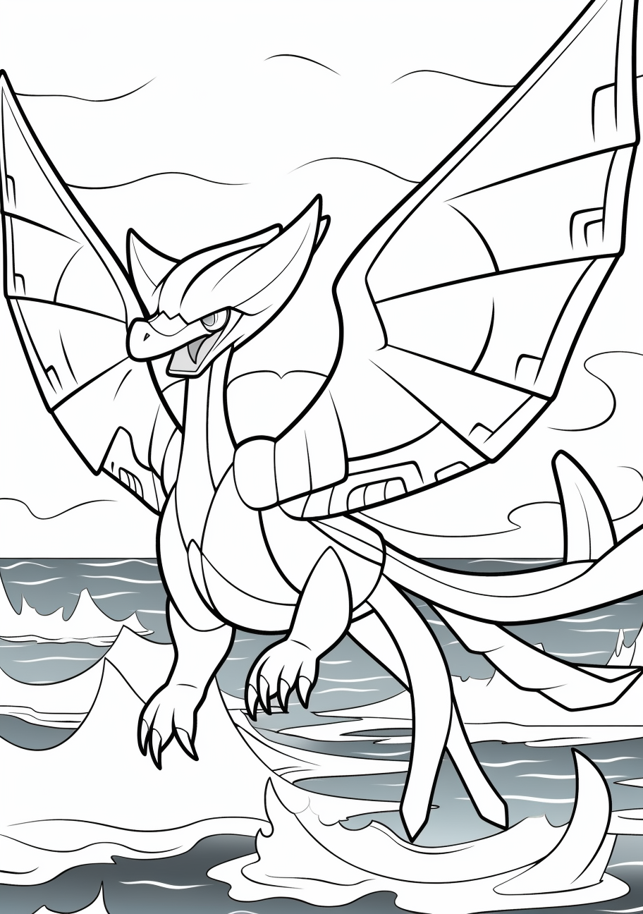 Lugia, known as the guardian of the seas, wings outspread with careful lines and forms. printable coloring page, black and white, free download