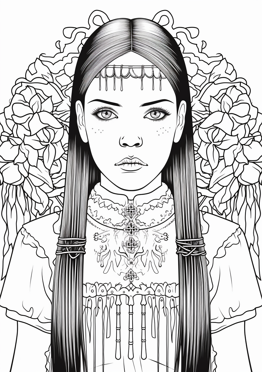 An intense close-up of Wednesday Addams; facial features greatly detailed with intricate line work. printable coloring page, black and white, free download