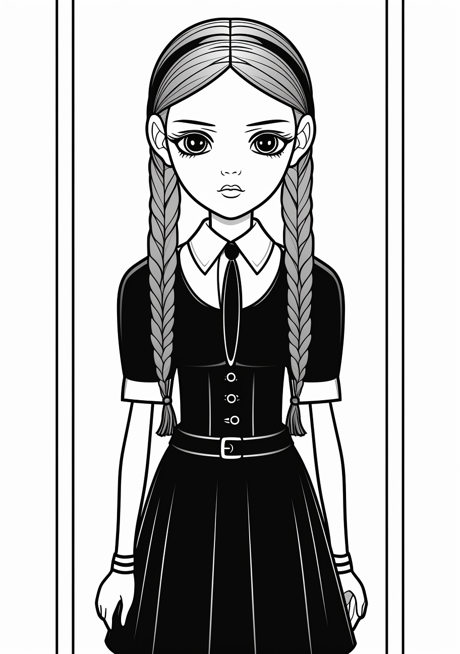 Sketch of Wednesday Addams in her traditional attire; clean lines with some detailed texture. printable coloring page, black and white, free download
