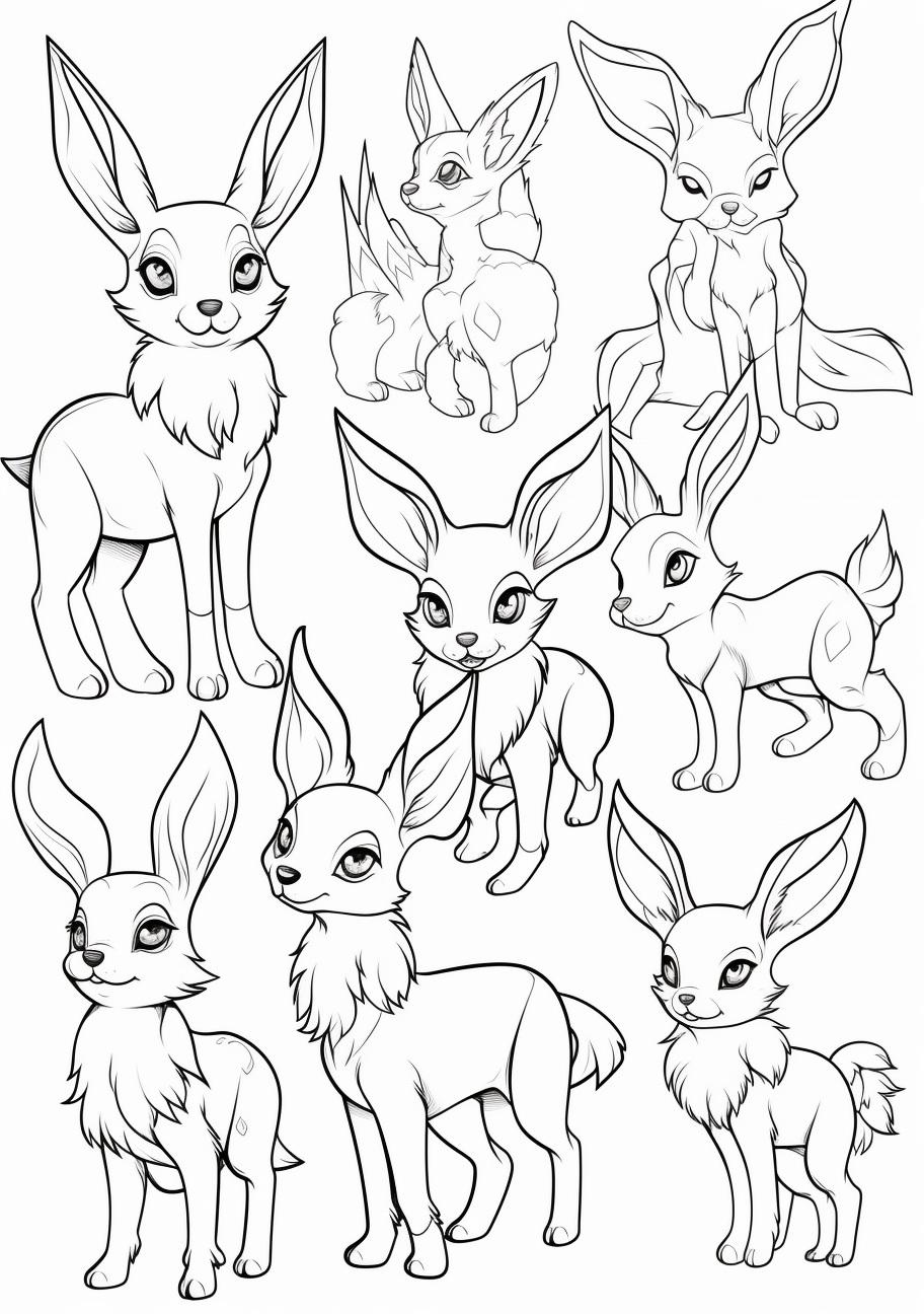 Dynamic interpretation of Eevee and its evolved forms; simple lines and shapes. printable coloring page, black and white, free download