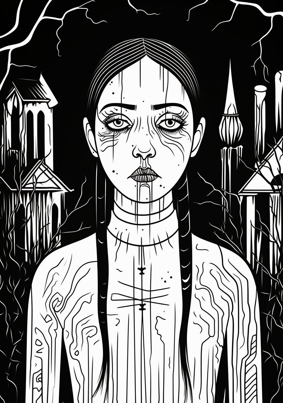 Image depicts a solitary Wednesday Addams in a spooky background with detailed shadowing. printable coloring page, black and white, free download