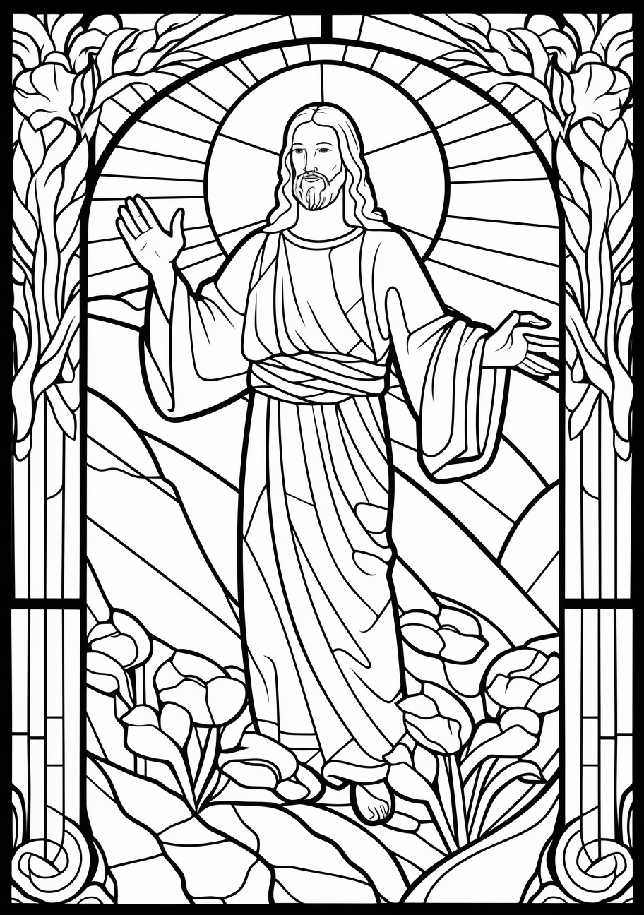 Features the Cross on Calvary, representing Jesus' sacrifice, medium complexity with detailed background scenery. inspirational biblical easter coloring pages pfp for discord.