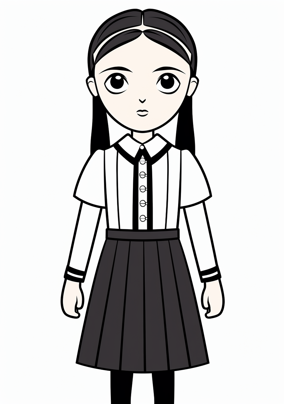 Light-hearted depiction of Wednesday Adams in a cute pose; major elements such as her braided hair, collared dress, and pleated skirt still present; clean lines, simple shapes. printable coloring page, black and white, free download