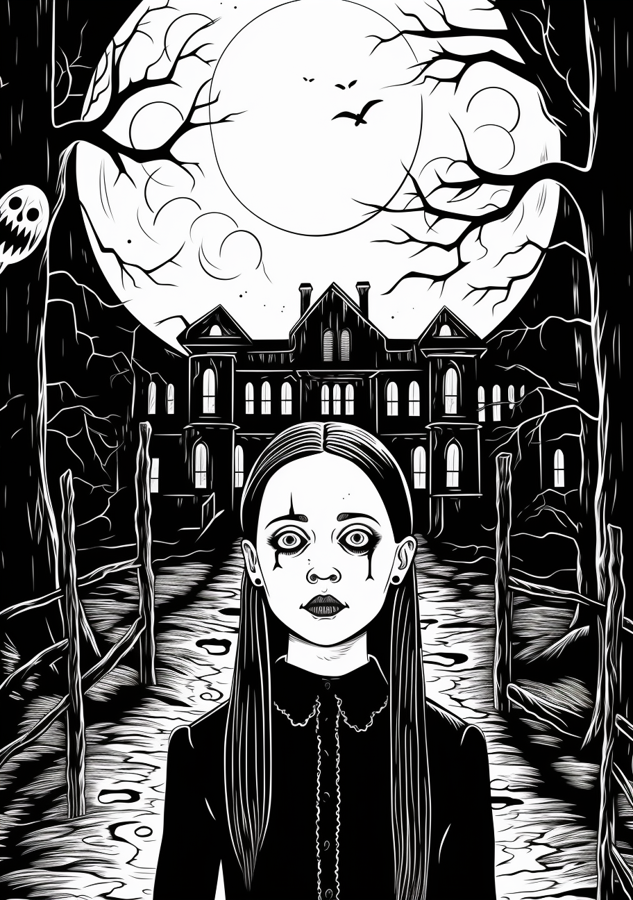 Illustrates Wednesday Addams alone in a graveyard; gravestones and eerie trees with detailed lines and shading. printable coloring page, black and white, free download