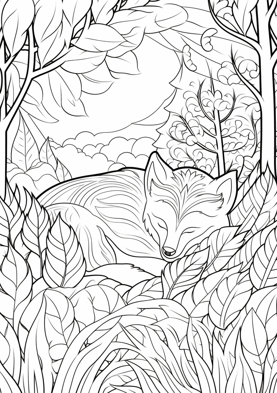 A resting fox in a peaceful forest environment; simple lines juxtaposed with intricate leaf patterns.printable coloring page, black and white, free download