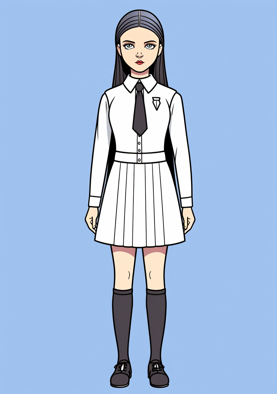 Full body sketch of Wednesday Addams in her iconic outfit; clean lines with simple details. printable coloring page, black and white, free download