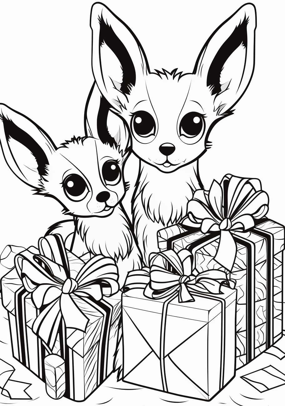 Presents a stylized version of Eevee evolutions; focuses on simple lines and shapes. printable coloring page, black and white, free download