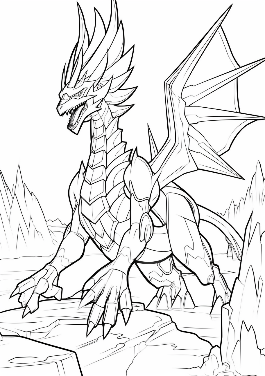Dynamic portrayal of the Legendary Pokemon Dialga; well-defined lines and detailed features. printable coloring page, black and white, free download