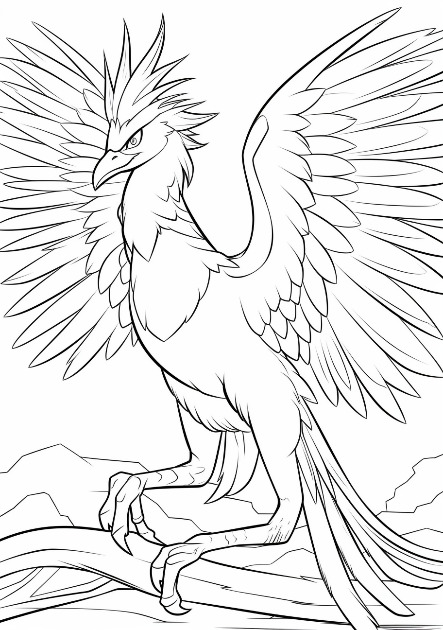 Artistic rendition of Zapdos, featuring angular shapes and strikingly bold outlines. printable coloring page, black and white, free download