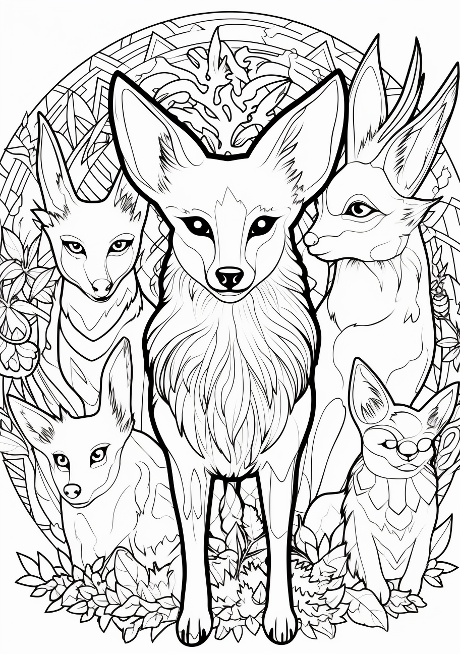 Line art of Eevee and its elemental transformations; clean, simple lines. printable coloring page, black and white, free download