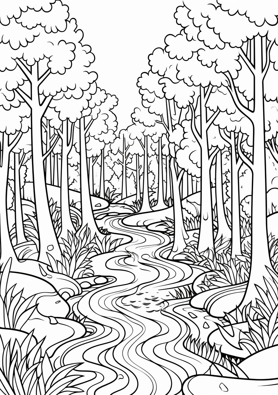 A curving river running through a forest; minutely drawn leaves and barks add depth to the trees. printable coloring page, black and white, free download