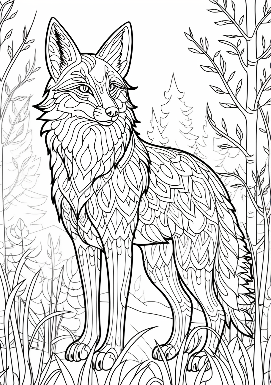 A fox rendered through creative drawings; detailed, expressive patterns.printable coloring page, black and white, free download