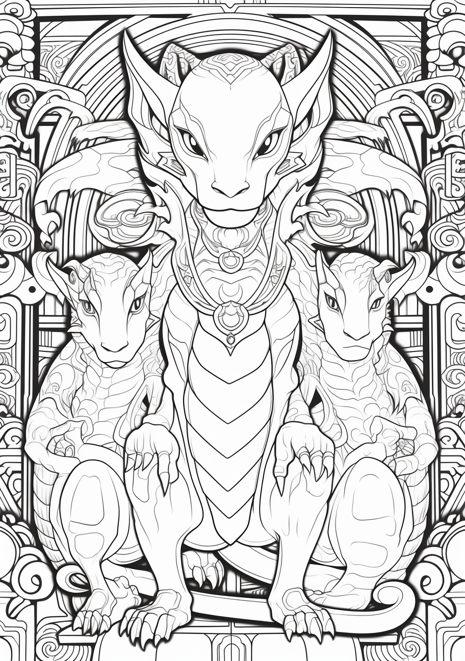 Artistic drawing of Mewtwo; featuring detailed lines and complex patterns.  printable coloring page, black and white, free download