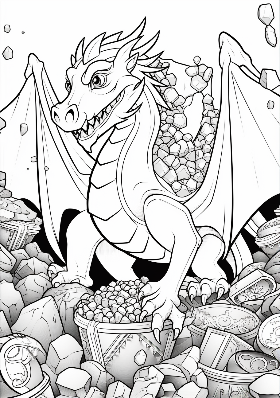 A dragon guard along with its treasure; attention to detail on dragon scales and intricate treasure objects.printable coloring page, black and white, free download