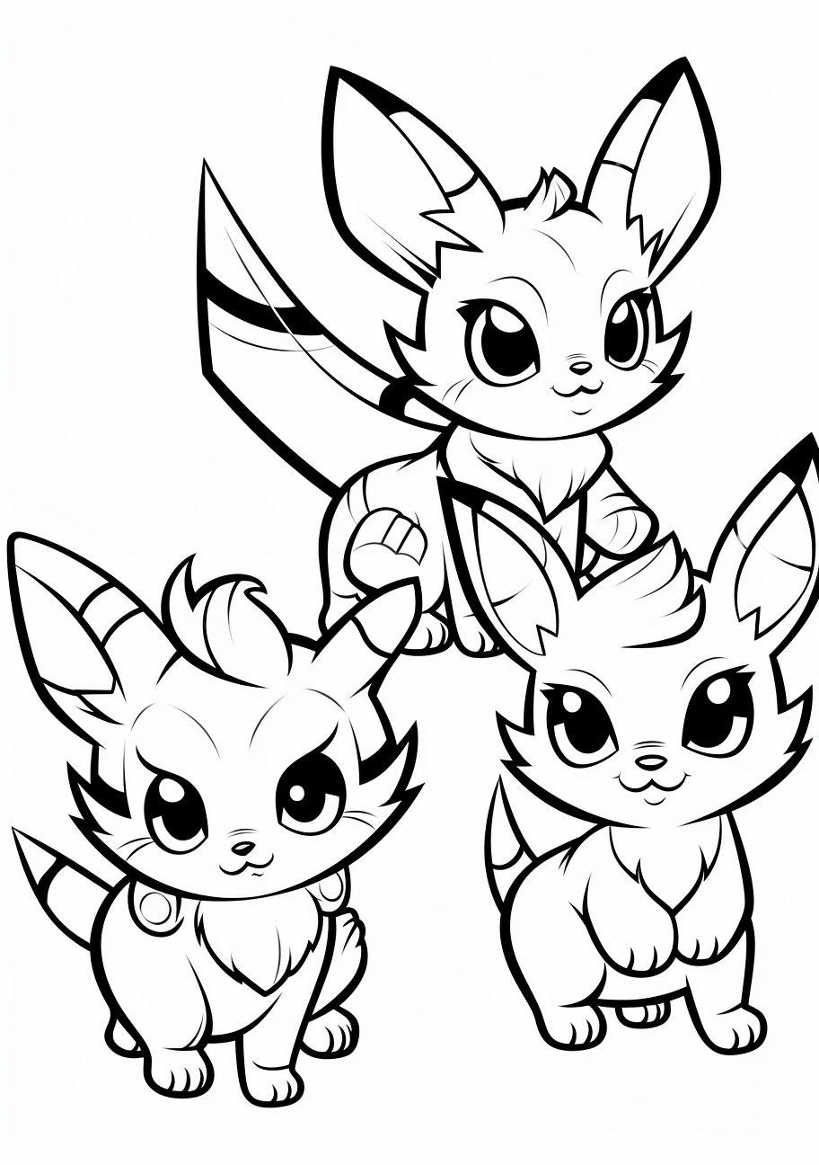 Depicts Pikachu's evolution from Pichu to Raichu; clean, simple lines. printable coloring page, black and white, free download
