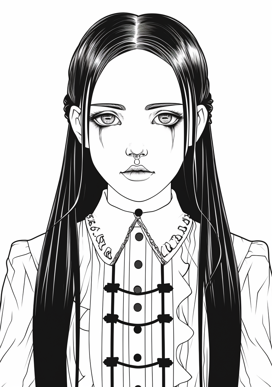 Wednesday Addams in her classic attire with bold, simple lines. printable coloring page, black and white, free download