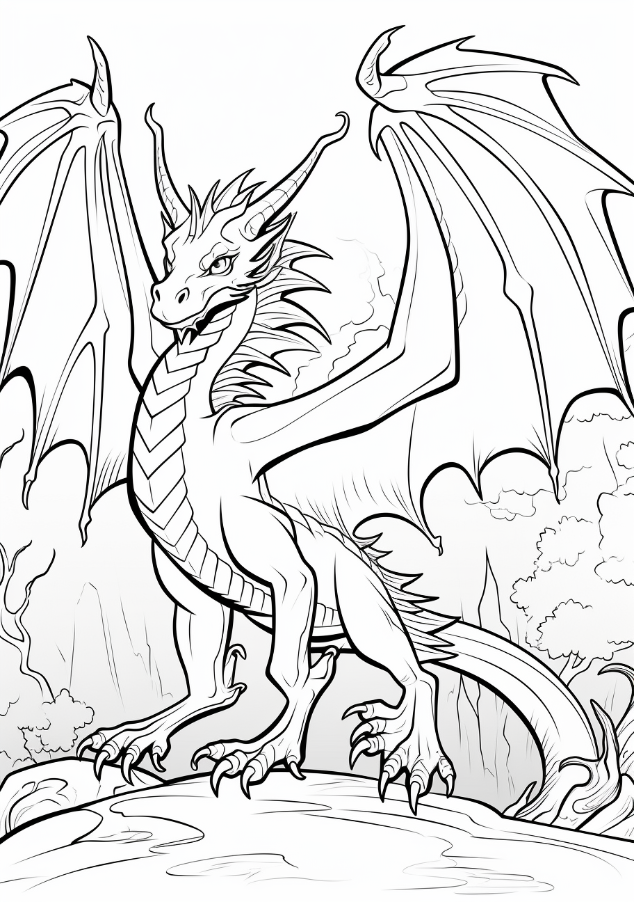 A dragon appearing to take flight; filled with intricate patterns.printable coloring page, black and white, free download