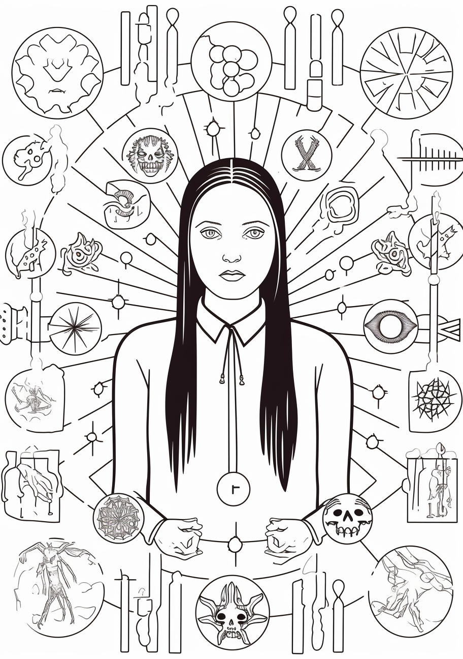 An image of Wednesday Addams in trance; surrounded by occult symbols and astrological signs. printable coloring page, black and white, free download