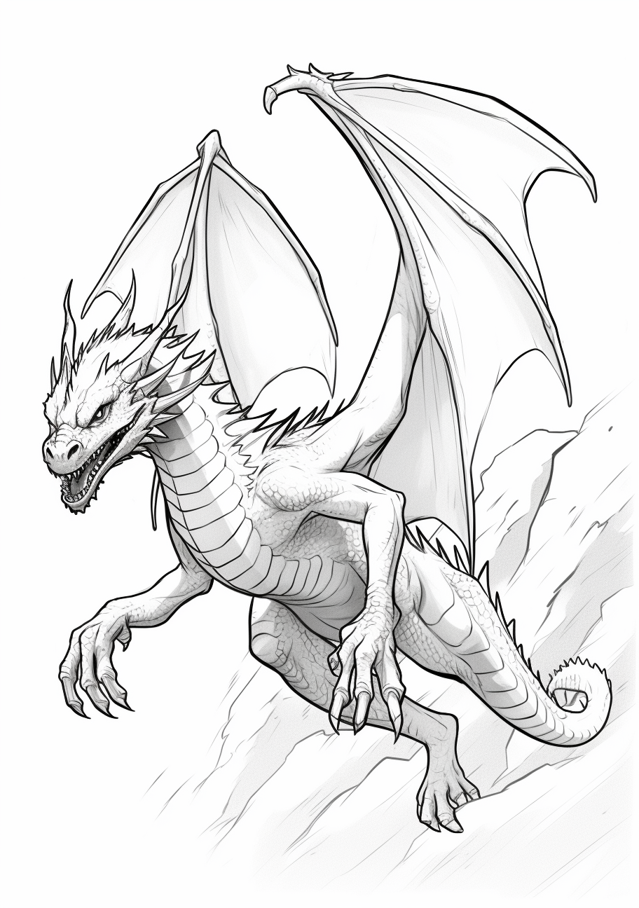 An elegant dragon in mid-flight, showcasing detailed wings and tail.printable coloring page, black and white, free download