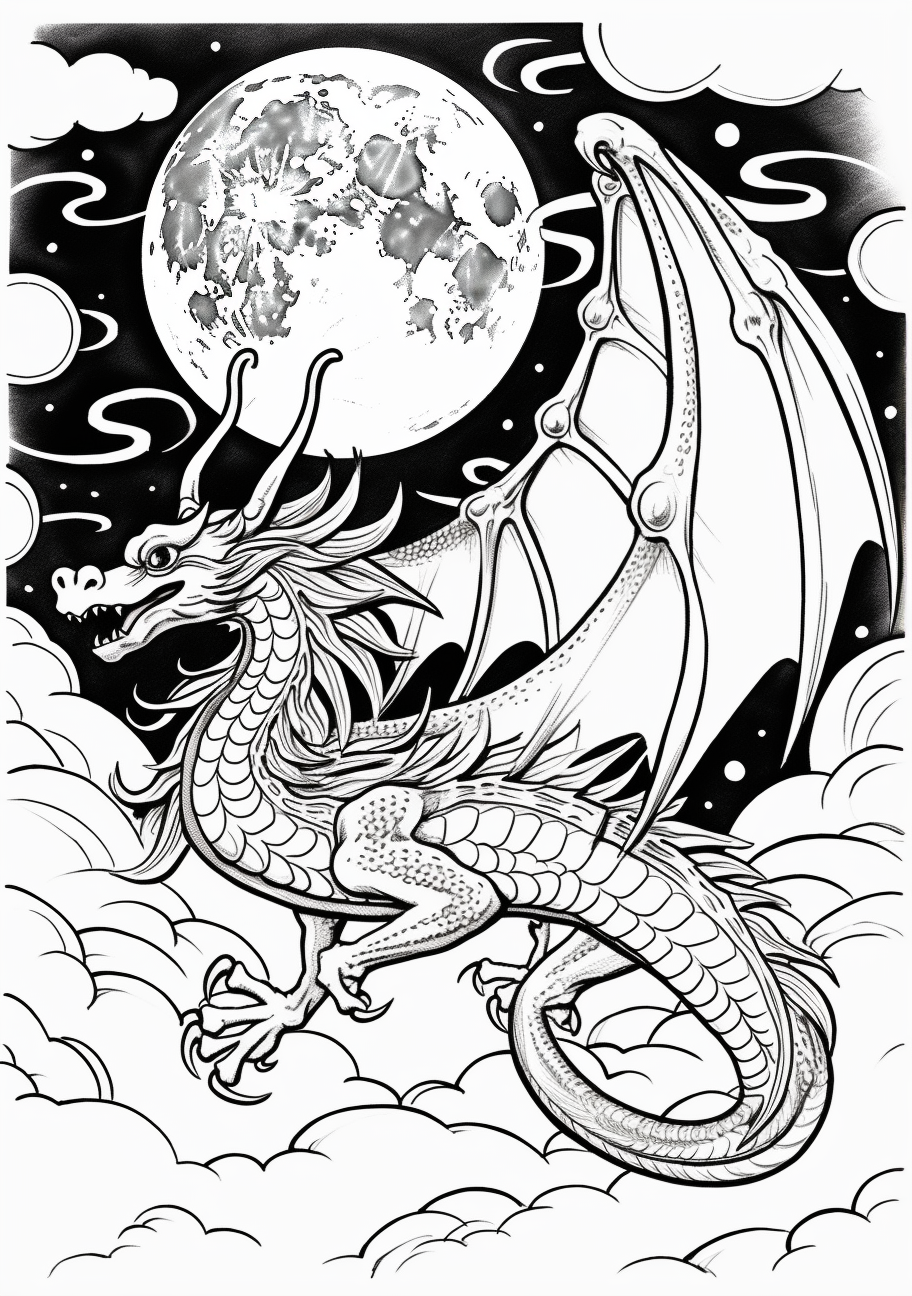 A prowling dragon at midnight; characterised by detailed lines and elements.printable coloring page, black and white, free download