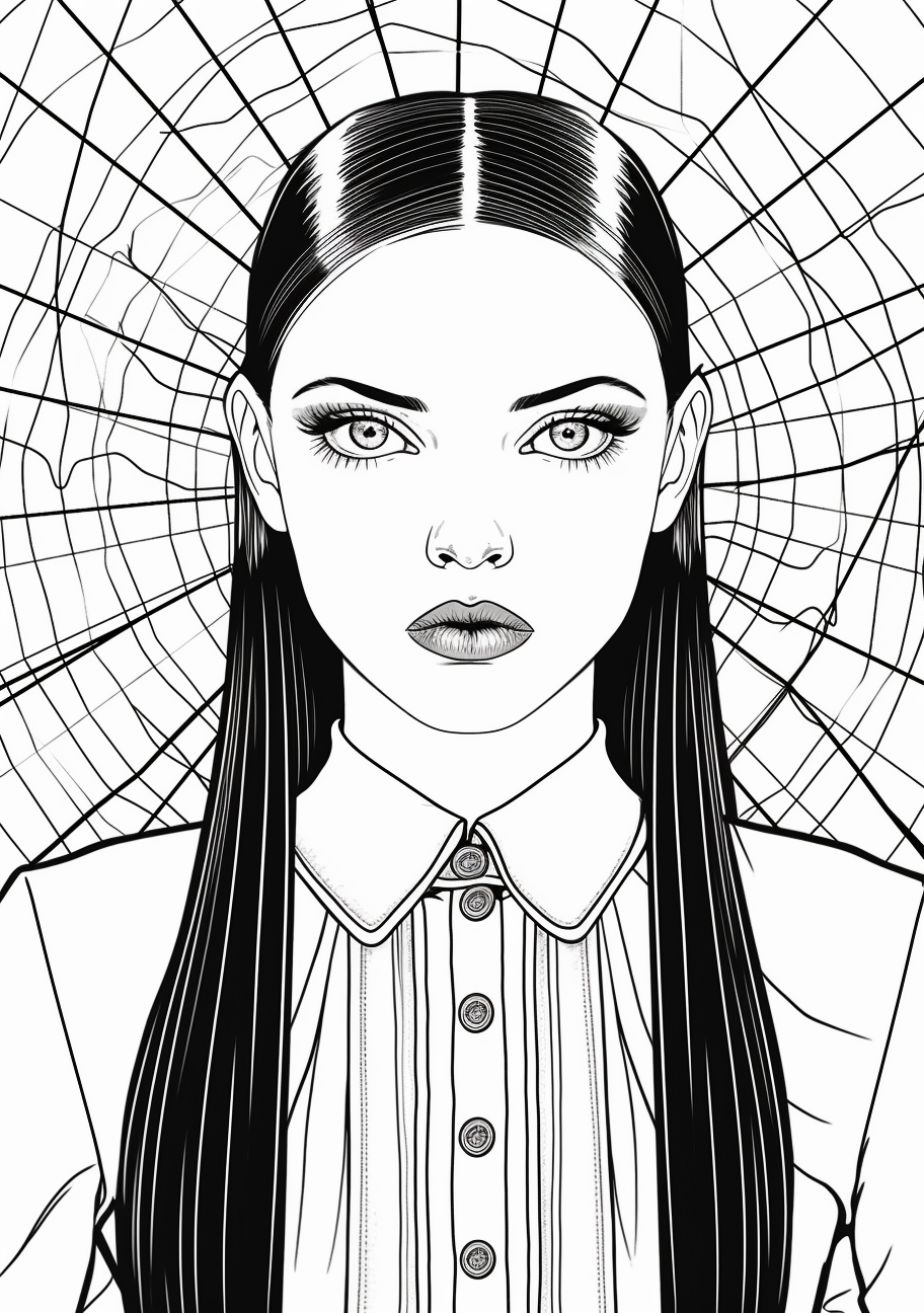 Traditional attire version of Wednesday Addams; sharp lines focusing on contrast between her dark clothing and lighter details. printable coloring page, black and white, free download