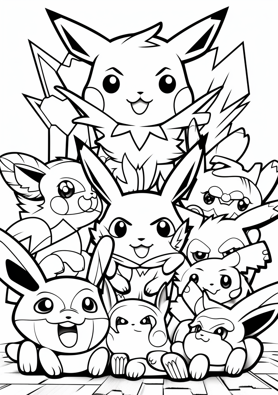 An adorable Pikachu surrounded by its fellow Pokemon; encompassed within distinct, bold outlines. printable coloring page, black and white, free download