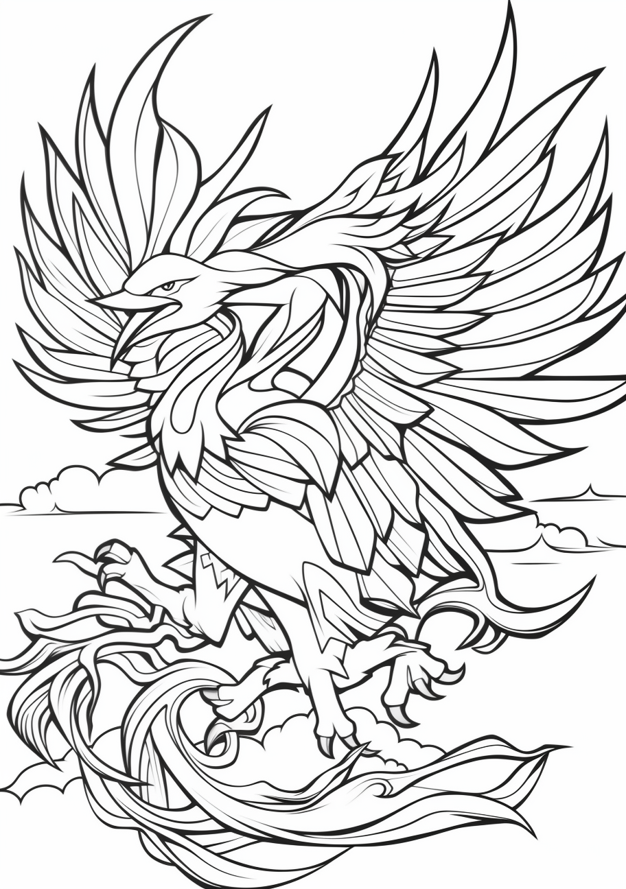Artwork featuring Moltres, the Legendary Pokemon; distinguished by clean lines and balanced details. printable coloring page, black and white, free download