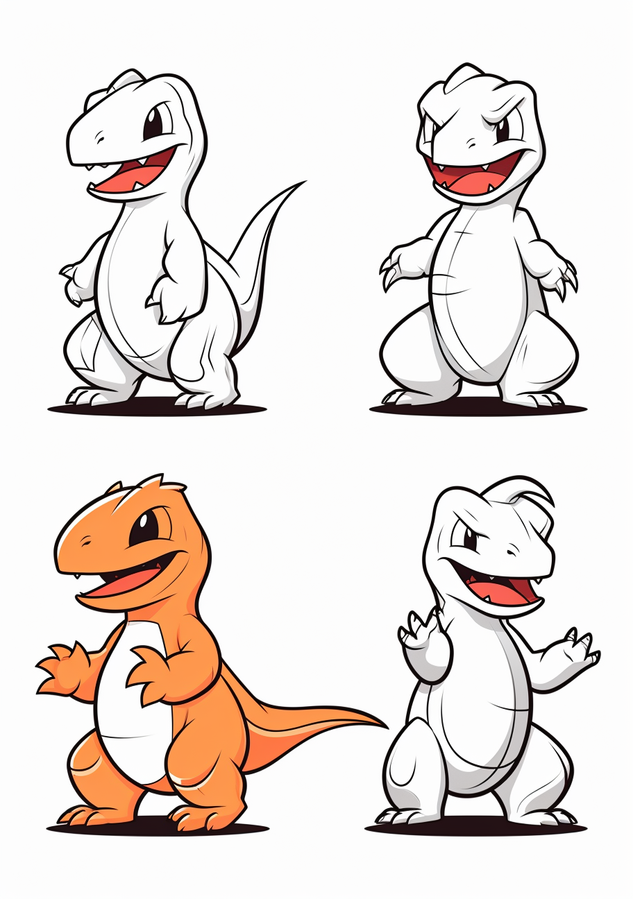 The evolution stages of fire-based Pokemon Charmander; clean, simple lines. printable coloring page, black and white, free download