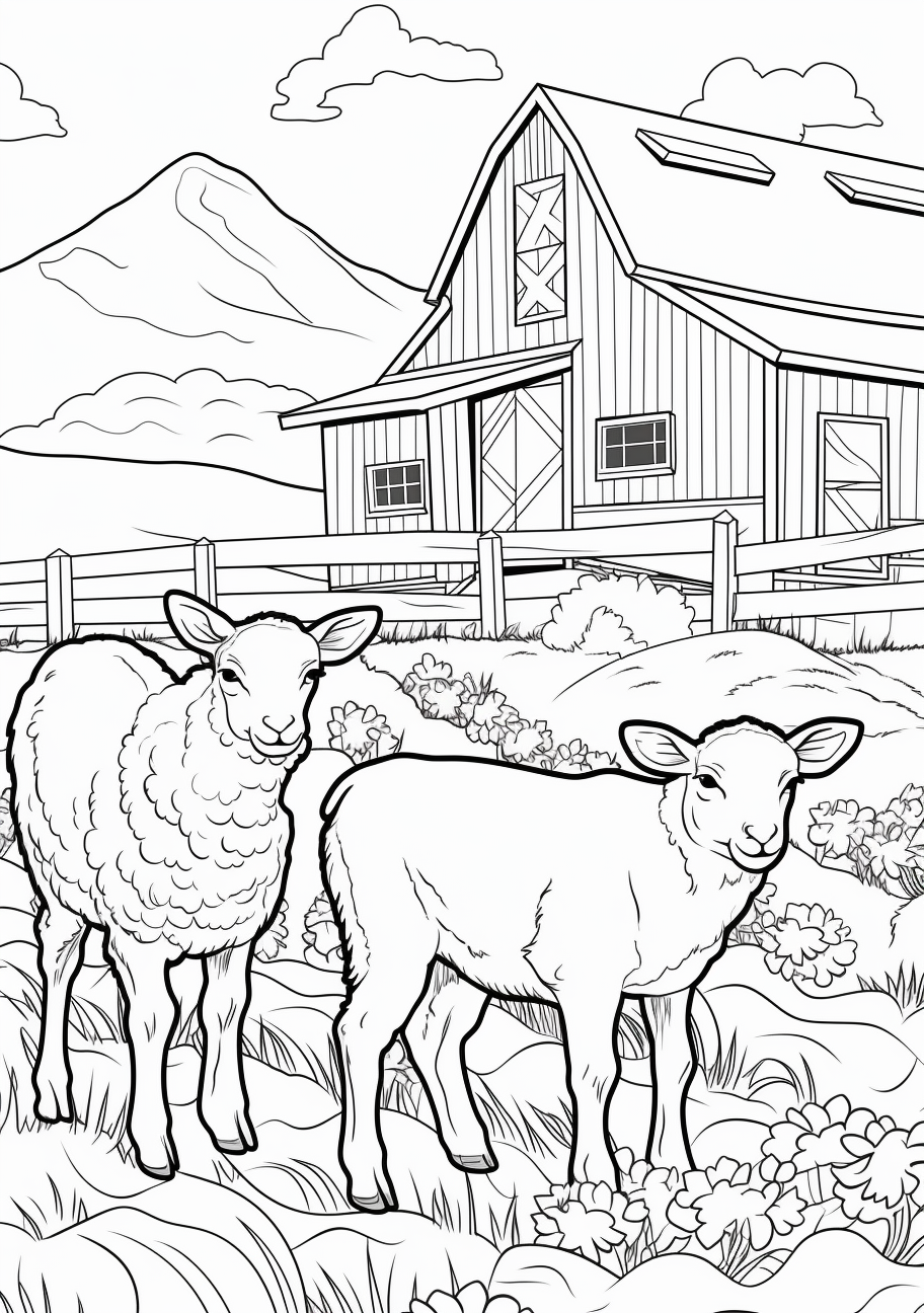 Farm animals like sheep and rabbits against a backdrop of barns and hay bales; detailed styles and patterns.printable coloring page, black and white, free download
