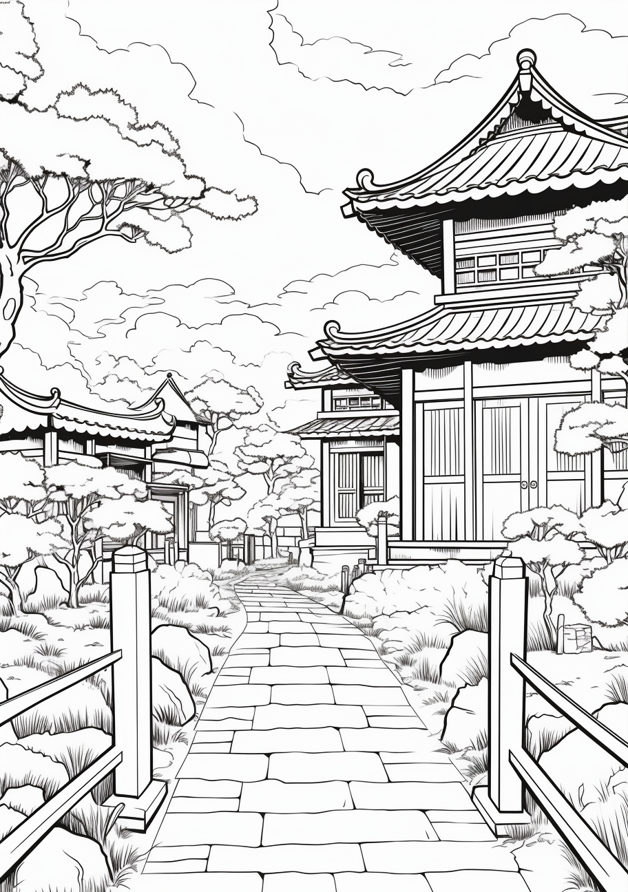 Cartoon style sceneries from anime fantasy worlds; bold lines and uncomplicated design.