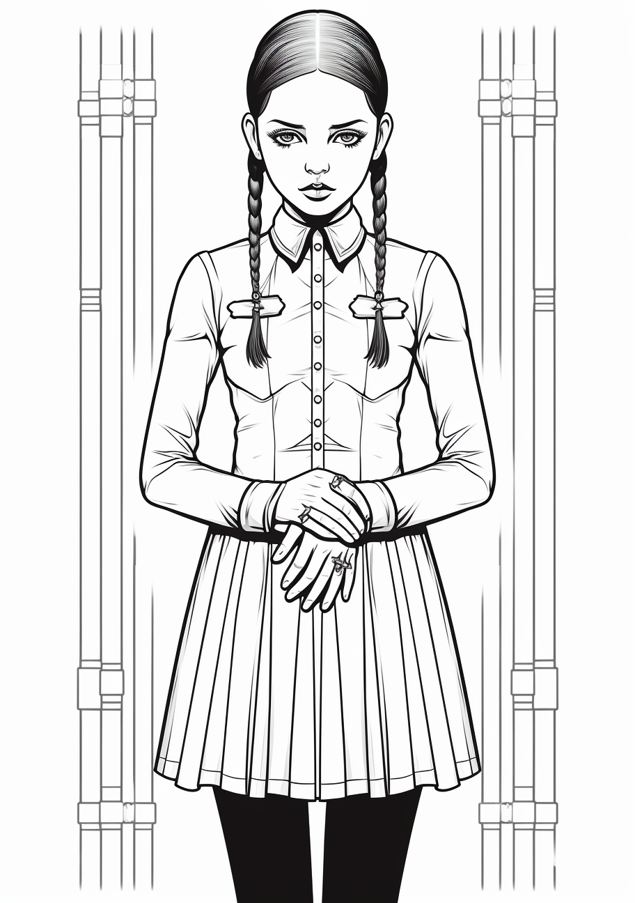 Wednesday Addams standing hands crossed; heavily detailed Gothic clothing. printable coloring page, black and white, free download