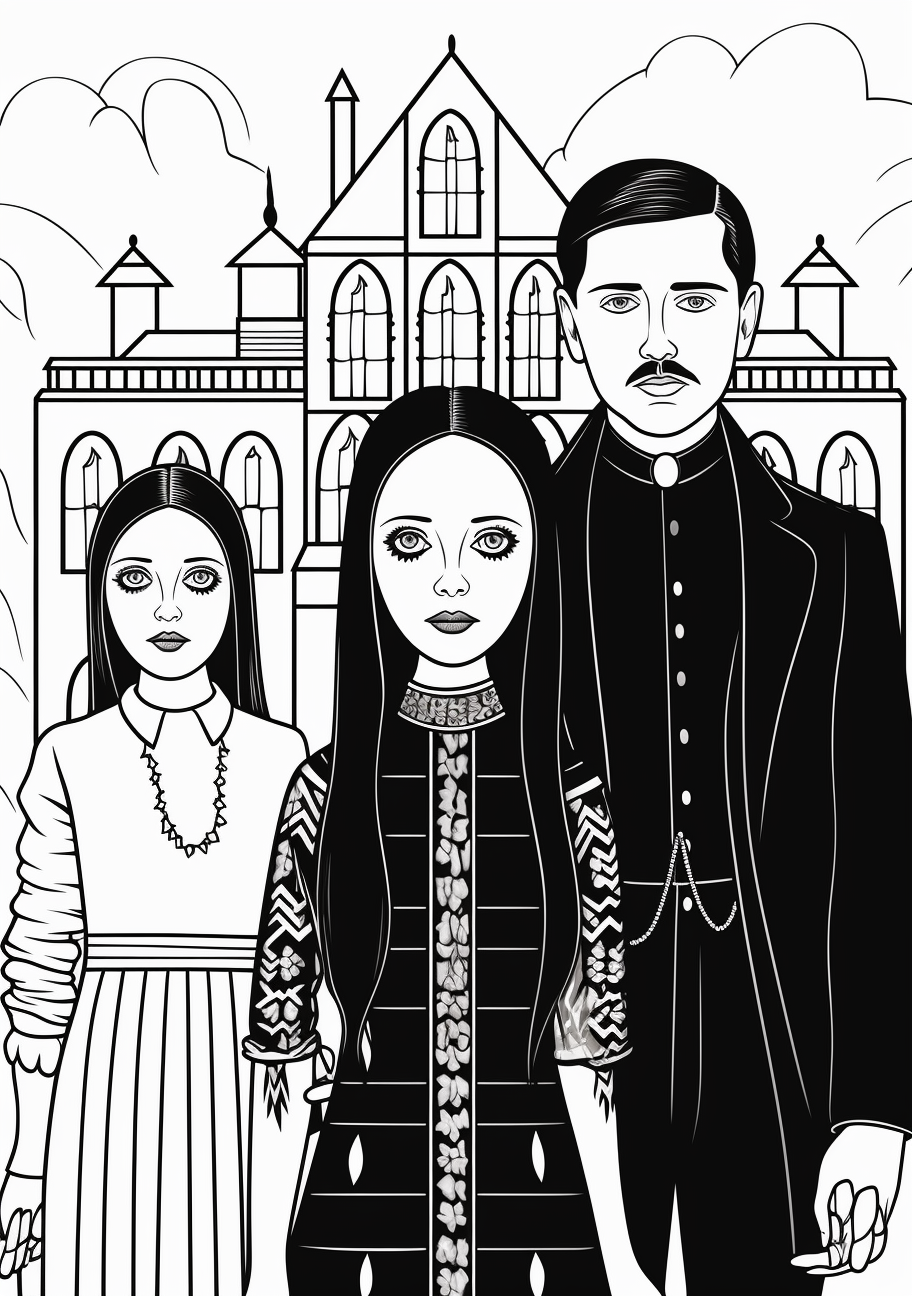 Contrasting sketch of all the Addams Family members with Wednesday Addams prominently in the front. printable coloring page, black and white, free download