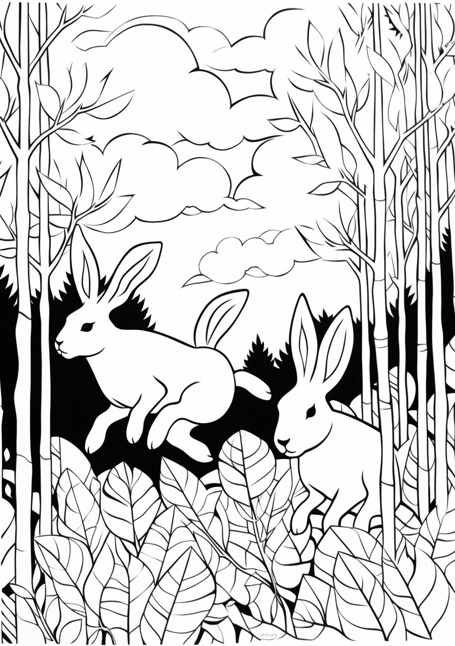 Rabbits leaping amongst the forest foliage; distinctive with bold lines and moderate details.printable coloring page, black and white, free download