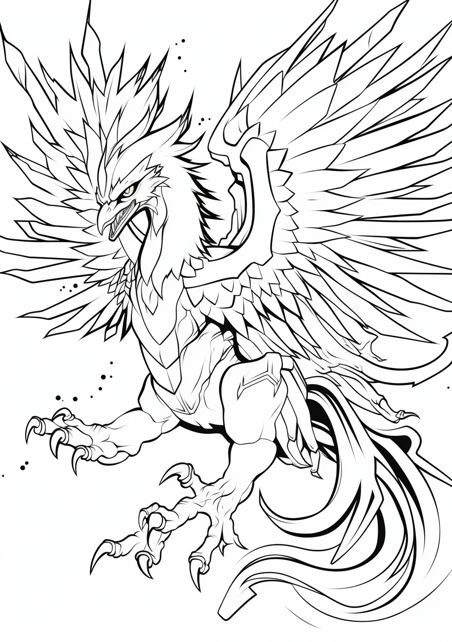 Zapdos Pokemon showcasing a thunder strike; clear outlines and medium details. printable coloring page, black and white, free download