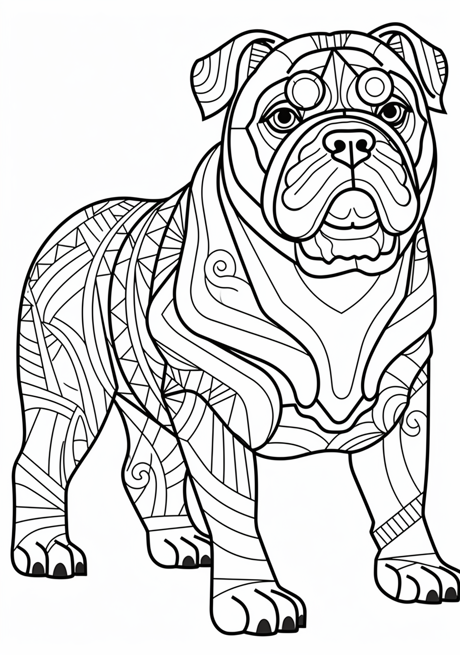 Creative construct of a Bulldog using bold geometric shapes printable coloring page, black and white, free download