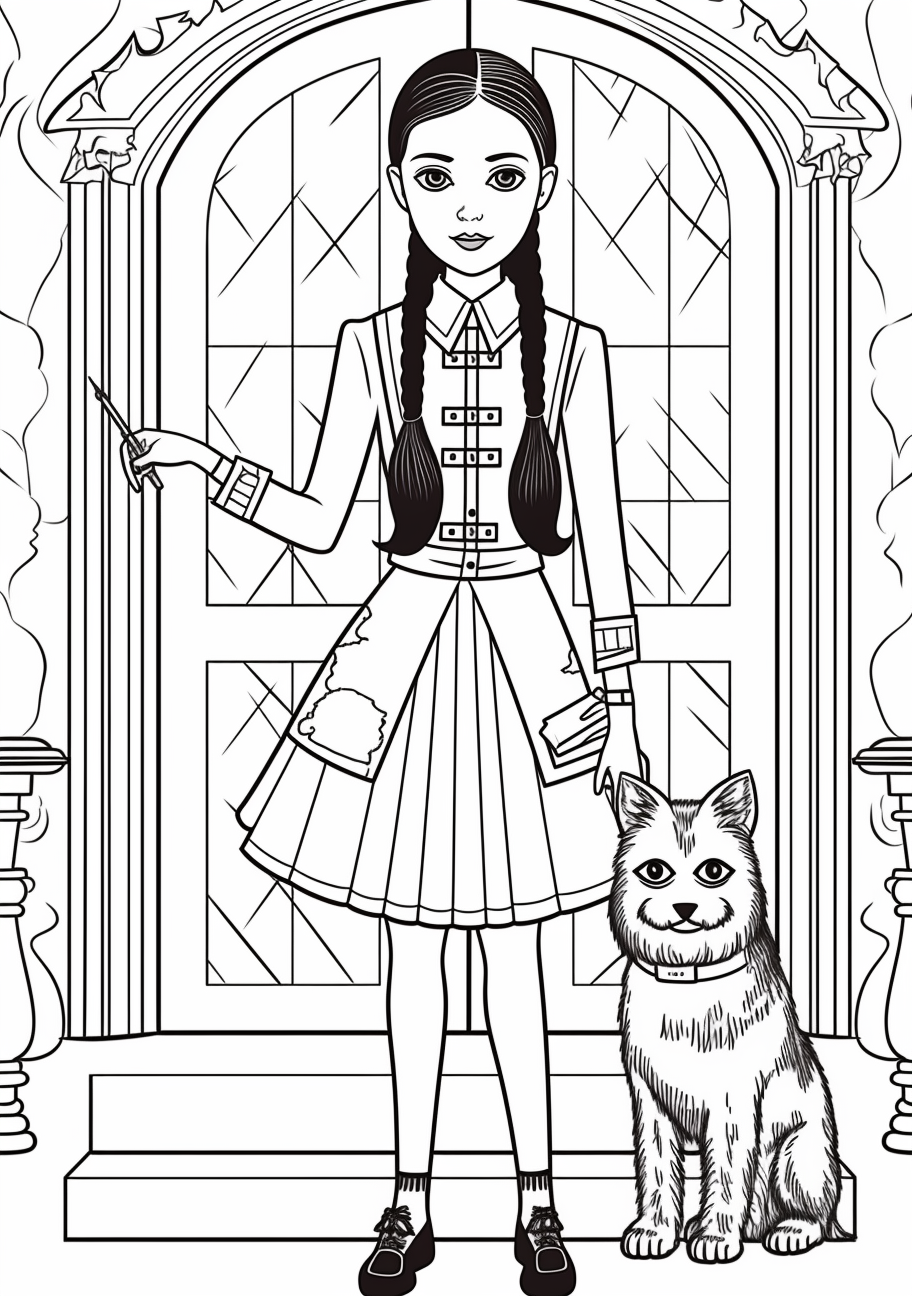 Shows Wednesday Addams with her pet; the pet's fur and Wednesday's outfit feature intricate detailing. printable coloring page, black and white, free download