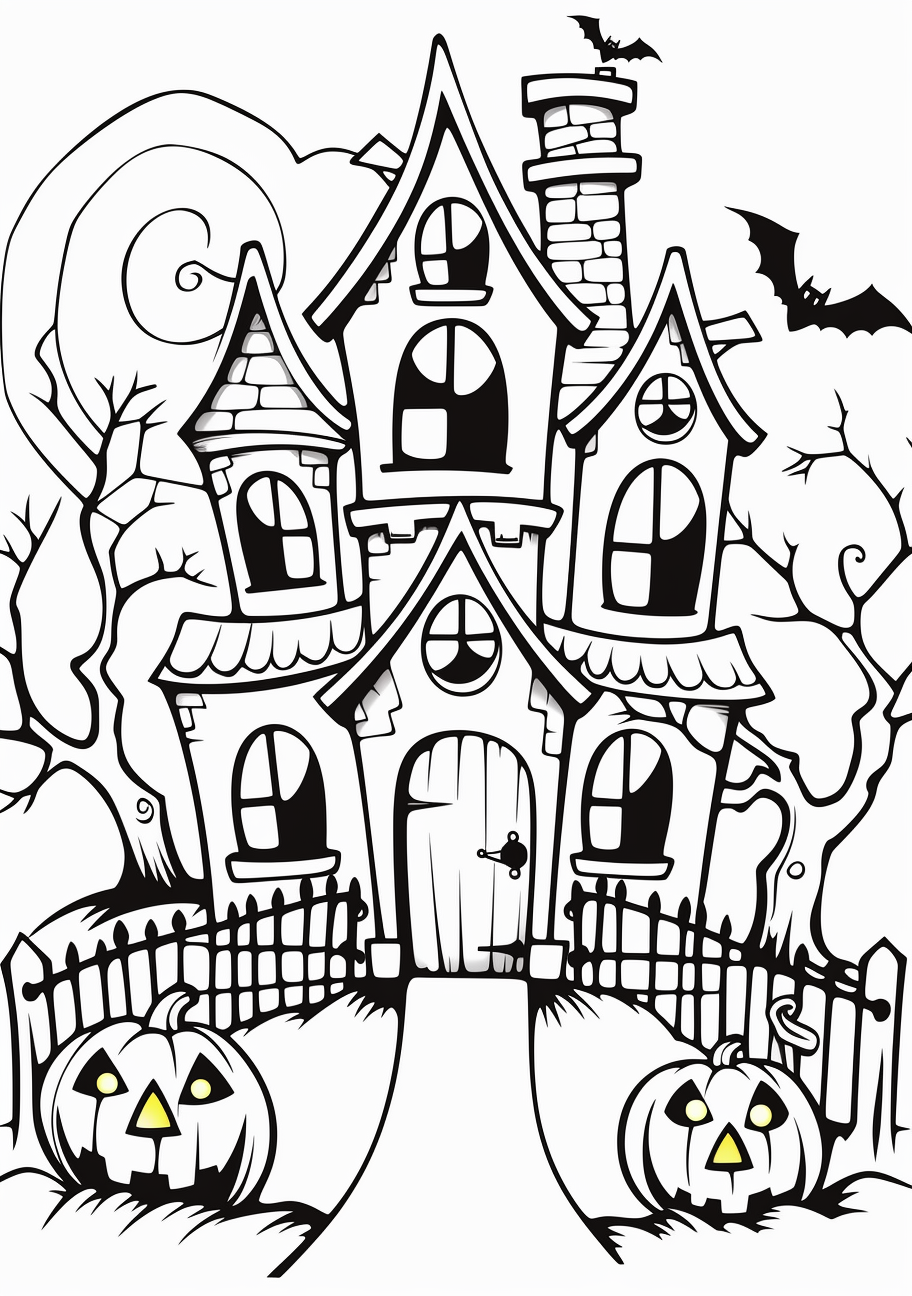 Exquisite illustration of a horrifying haunted house; detailed motifs and thick outlines. phone art wallpaper