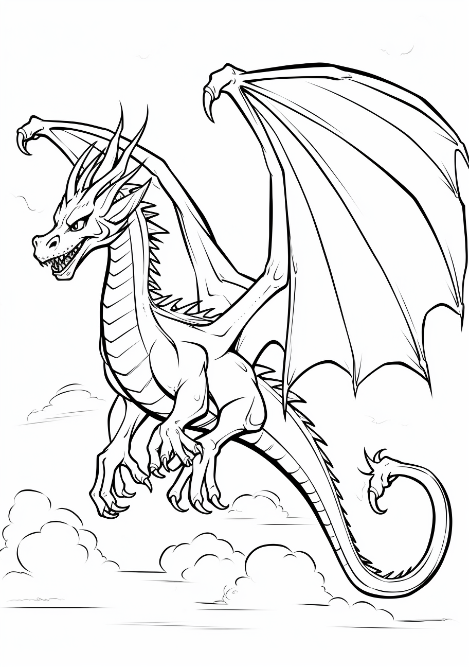 A dragon soaring high, with emphasis on detailed wings and sharp claws.printable coloring page, black and white, free download