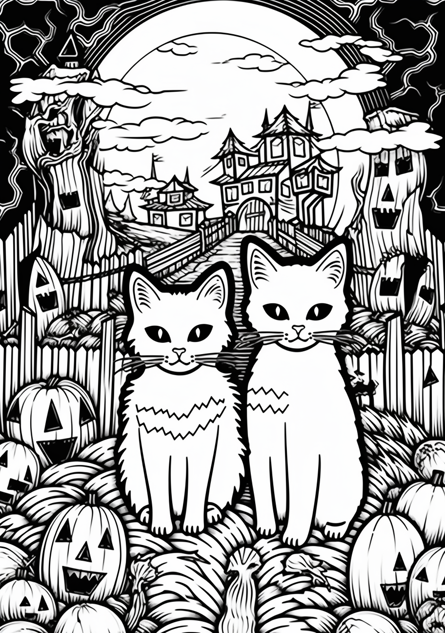 Sinister October night showcasing trick-or-treaters, skeletons, and waning crescent moon; dynamic lines and movement.printable coloring page, black and white, free download