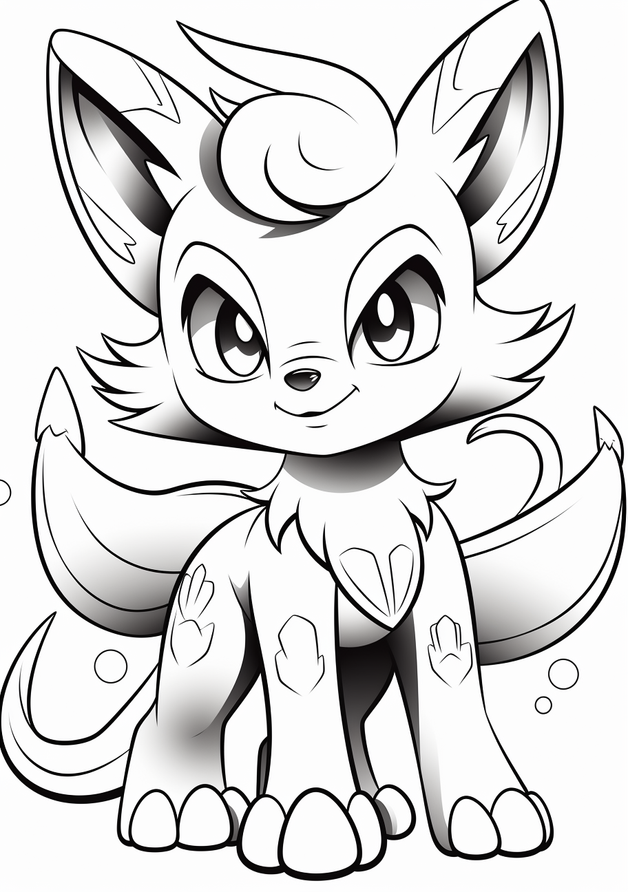 Sketch depicting Starter Pokemon C; prominent outlines and unaffected details. printable coloring page, black and white, free download